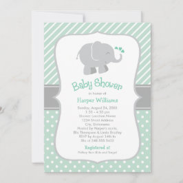 Modern Grå Elefant Baby Shower Mint Inbjudningar
