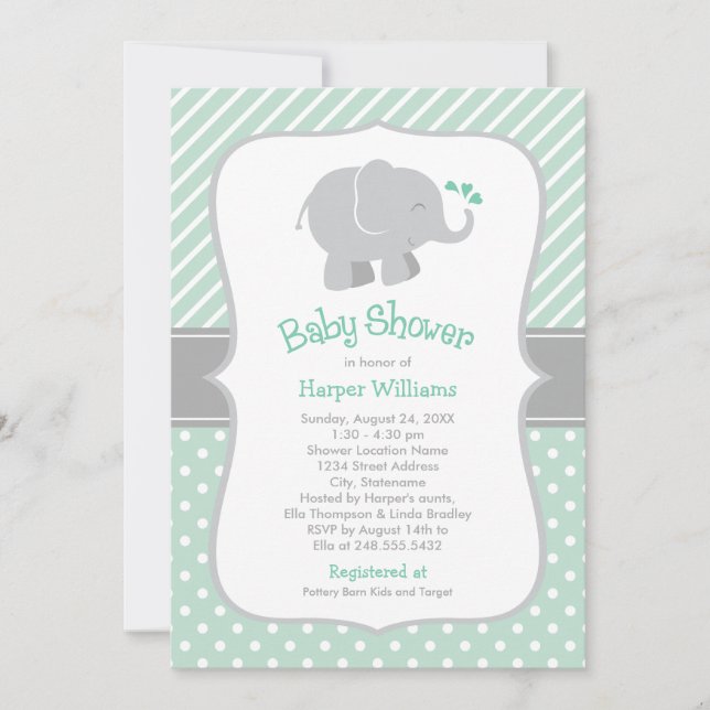 Modern Grå Elefant Baby Shower Mint Inbjudningar (Framsida)