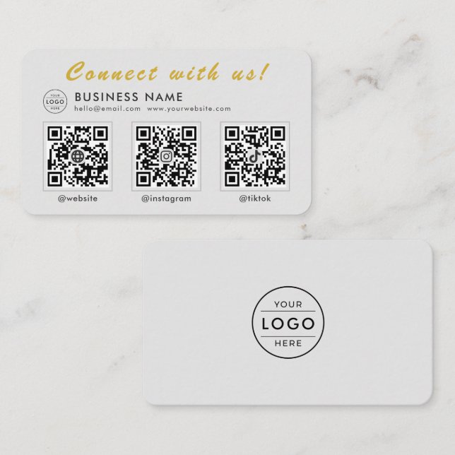 Modern Grå Guld 3 QR-kod Multi Social Visitkort (Fram/baksida)