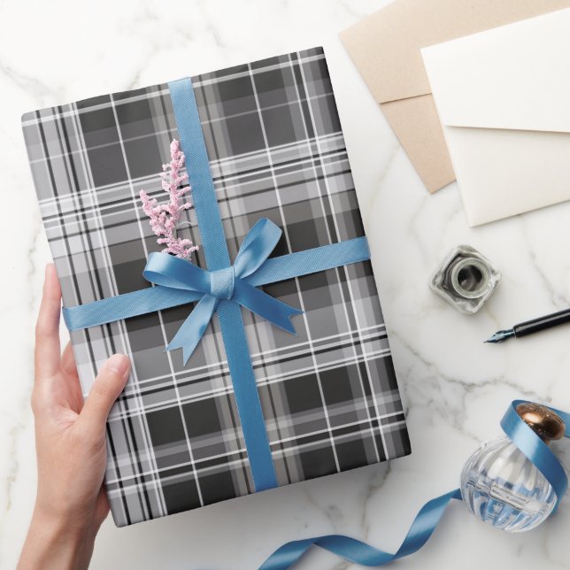 Modern Grå Kol Grid Stål Rutigt Mönster Presentpapper (Gifting)