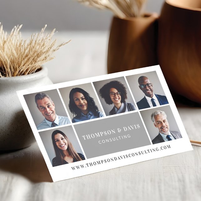 Modern grå lyx professionell teamfoto collage visitkort (Modern & Minimal Business Team Members Photo Grid Business Card)