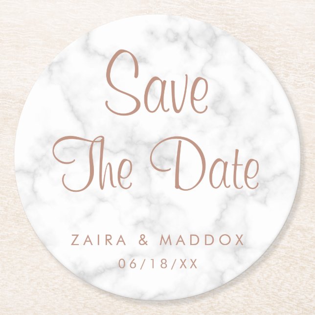 Modern grå marmor med roséguld Save the Date Underlägg Papper Rund (Framsidan)