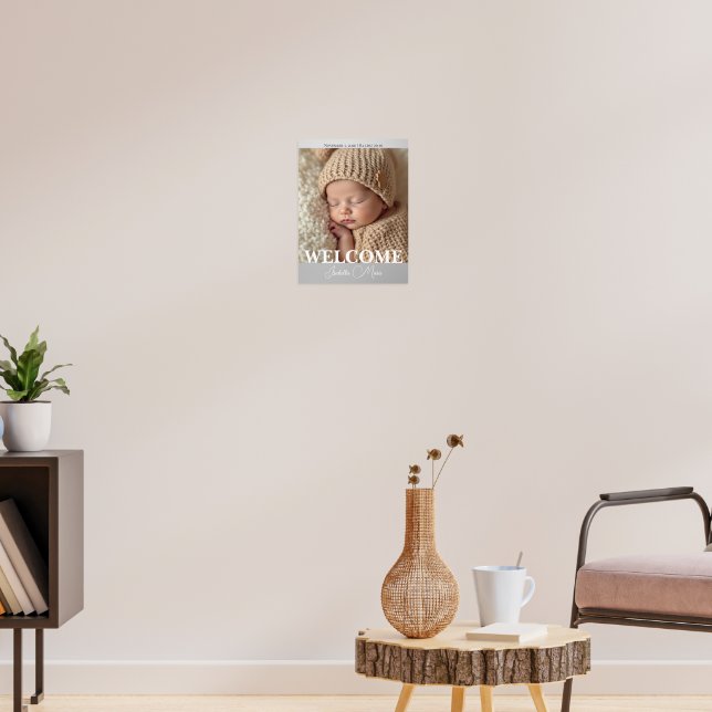 Modern Grå och Vit Foto Födelseannons Poster (Vardagsrum 3)