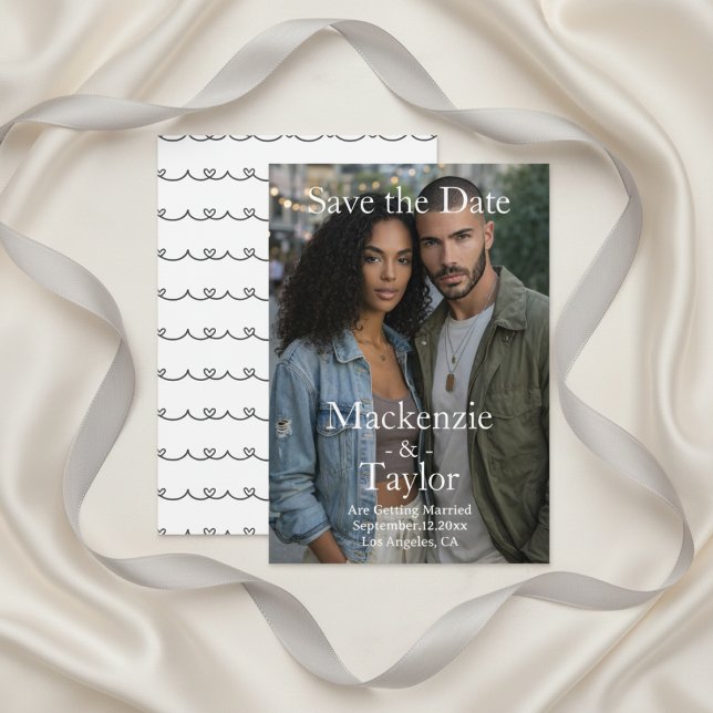 Modern grå och vit fotografering Spara datum Inbjudningar (Modern Grey and White Photo Save the Date Invitation by Ricaso. Chic and simple love heart detail)