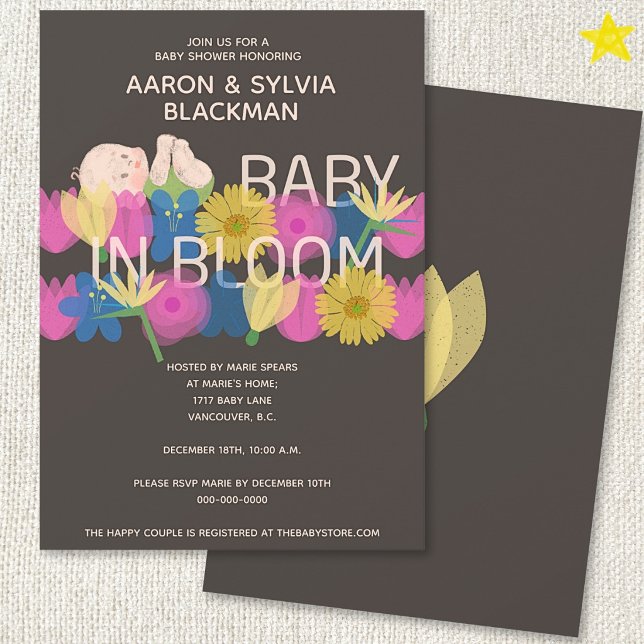 Modern grå Riso Print Blommig Bebis Shower Inbjudningar (Skapare uppladdad)