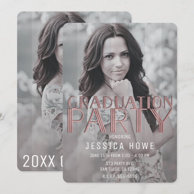 Modern Grå Rosa Examenfest Examensfoto Inbjudningar (Fram/baksida)