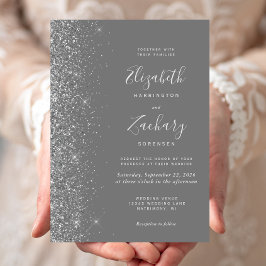 Modern grå silver glitter kant bröllop inbjudningar