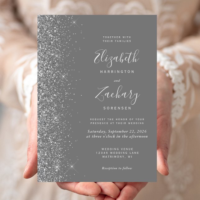 Modern grå silver glitter kant bröllop inbjudningar (Skapare uppladdad)