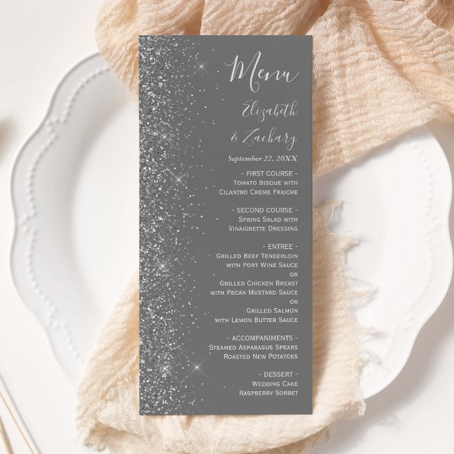 Modern grå silver glitter kant bröllop meny (Skapare uppladdad)