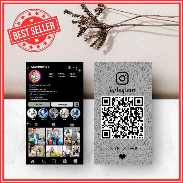 Modern Grå Städhållning Instagram QR Visitkort (Skapare uppladdad)