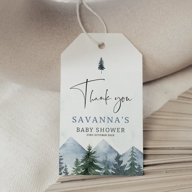 Modern Grå Vildmark Vinter Bebis Shower Presentetikett (Mountains Baby Shower Tag, Pine Trees Baby Shower Gift Tags, Winter Mountains Gift Tags, Winter Tags)