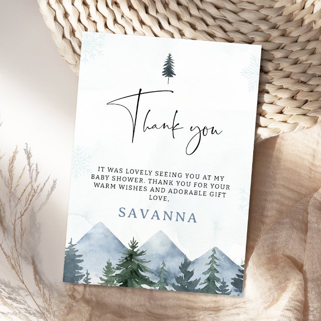 Modern Grå Vildmark Vinter Bebis Shower Tack Kort (Mountains Thank You Card, Pine Trees Baby Shower Thank You Card, Winter Wilderness Thank You Tag)