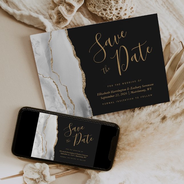 Modern Grå Vit Guld Agat Mörk Spara Datum Inbjudningar (Skapare uppladdad)