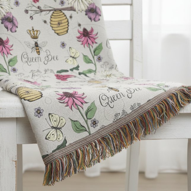 Modern Gråbrun Morsdags Drottning Bee och Blommor Filt (Elegant Nature Hand Drawn Botanical Bee Blankets. Pretty Queen Bee Wildflower Floral Pattern)