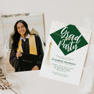 Modern GRAD Cap Grönt Guld Photo Studentfest Inbjudningar