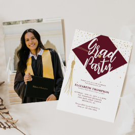 Modern GRAD Cap Red Guld Photo Studentfest Inbjudningar