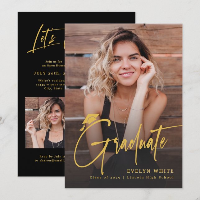 Modern Grad Cap Script 4 Photo Simple Graduation Inbjudningar (Fram/baksida)