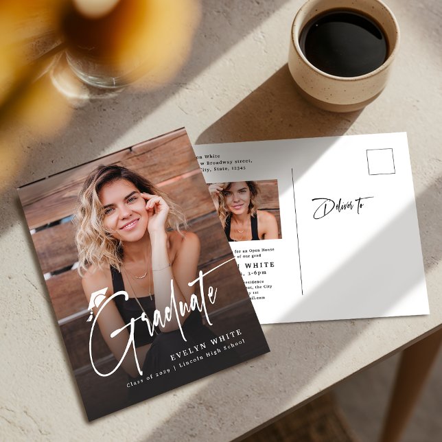Modern Grad Cap Script Simple Photo Graduation Vykort (Modern Grad Cap Script Simple Photo Graduation Postcard)