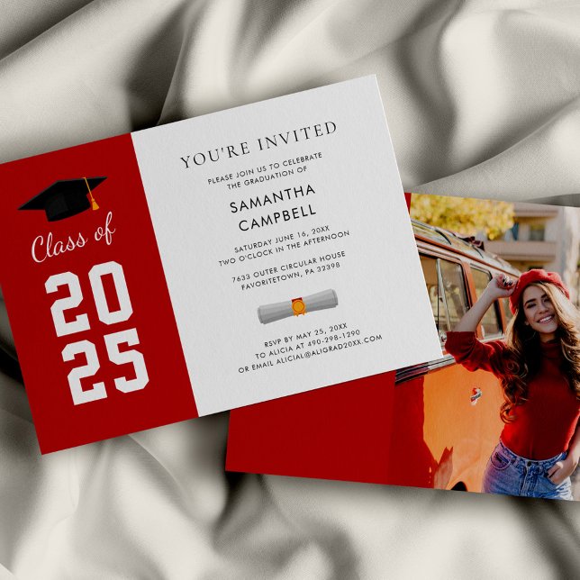 Modern Grad Photo Studenten 2025 Inbjudningar (Graduation 2025 Red and White Party Invitation)