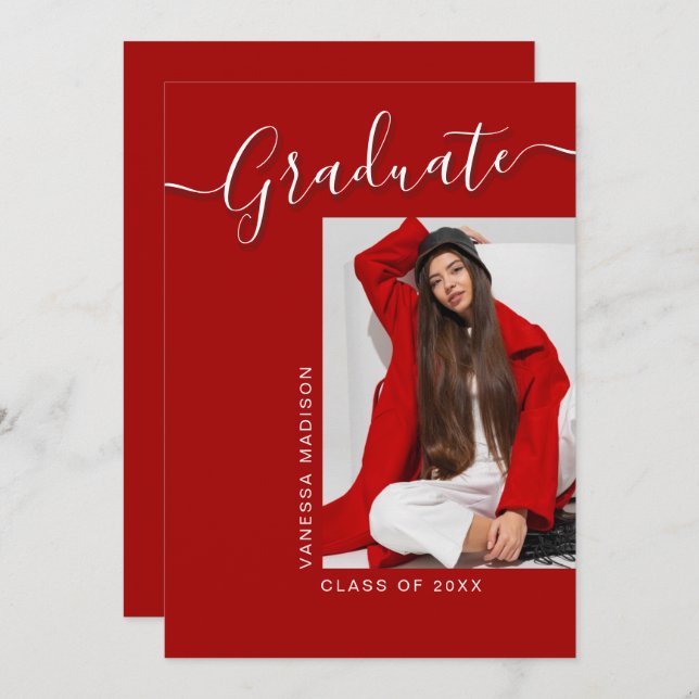 Modern Grad | Red 1 Photo Elegant Script Meddelande (Fram/baksida)