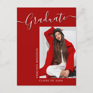 Modern Grad Red Rosa 1 Photo Elegant Script Vykort