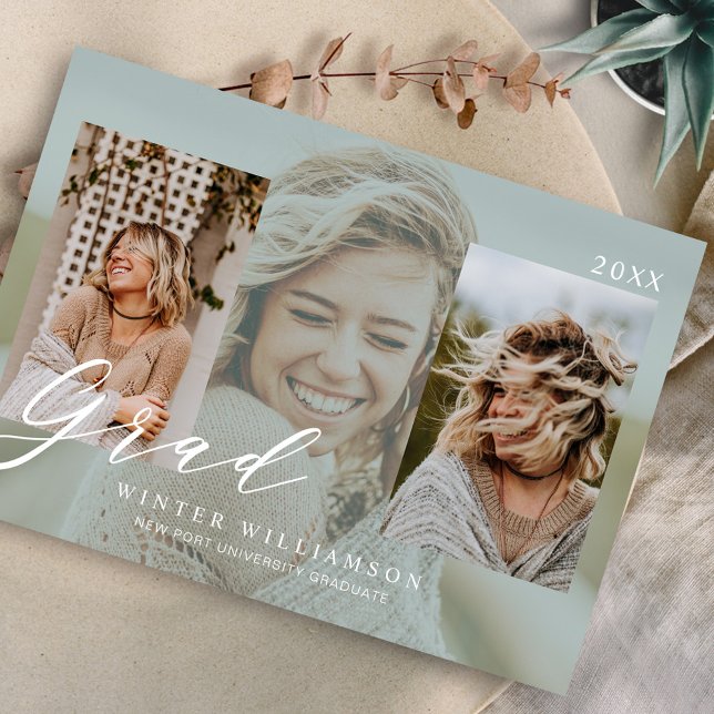 Modern Grad Script-Grönt - överlägg Grad 3-foto Inbjudningar (Skapare uppladdad)