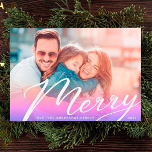 Modern Gradient White Merry Lettering Photo Julkort