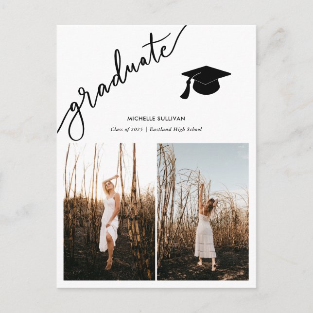 Modern Graduate Casual Script | Grad Två Bilder Meddelande Vykort (Framsida)
