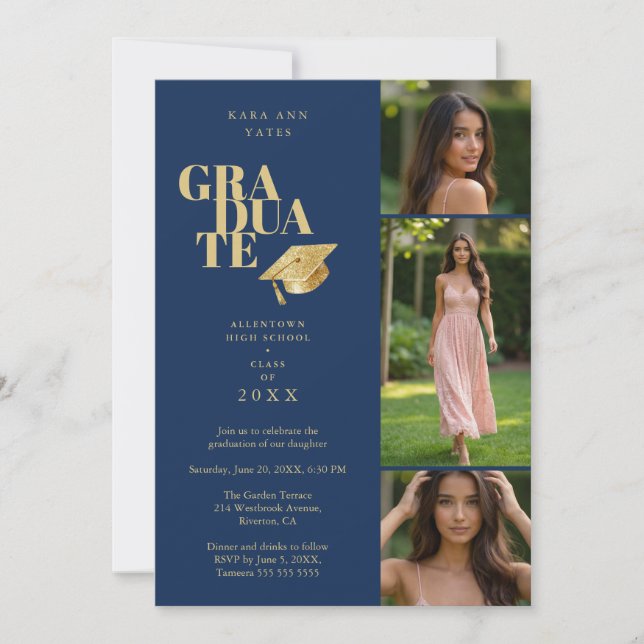 Modern Graduate Collage 3-Photos Navy Blue & Gold Inbjudningar (Framsida)