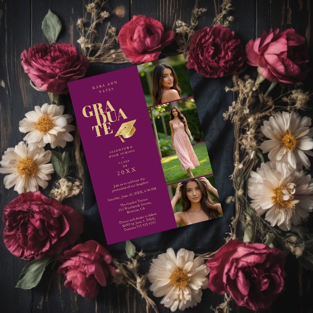 Modern Graduate Collage 3-Photos Plum & Gold Inbjudningar (Modern Graduate Collage 3-Photos in Plum and Gold Effect Invitation Card Design.)