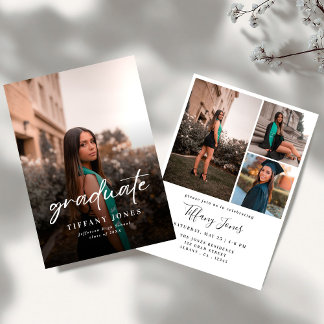 Modern Graduate White Script 4 Photos Graduation Inbjudningar