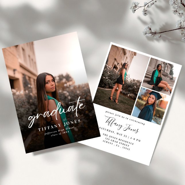 Modern Graduate White Script 4 Photos Graduation   Inbjudningar (Skapare uppladdad)