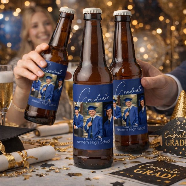 Modern Graduation Party Photo Display Ölflaska Etikett (Skapare uppladdad)