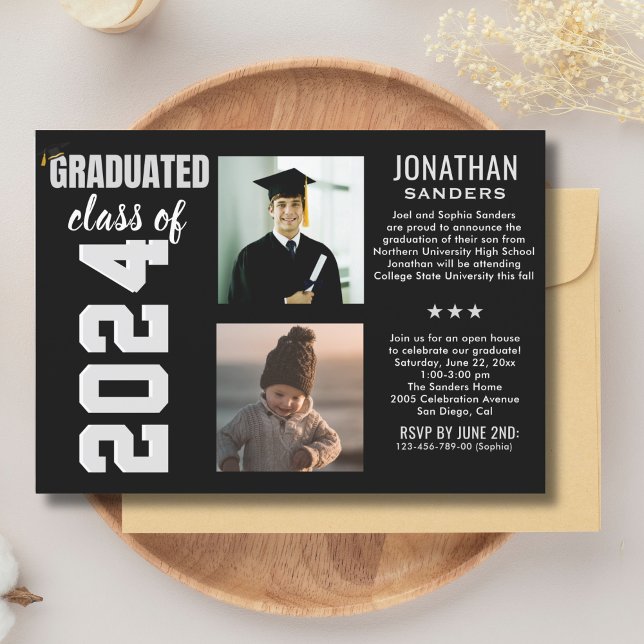 Modern Graduation Party with 2 Photos in Black Inbjudningar (Skapare uppladdad)