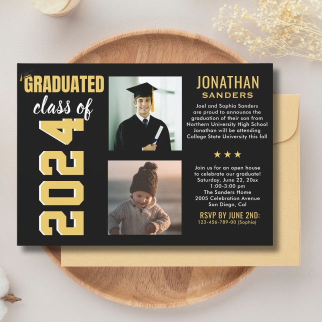 Modern Graduation Party with 2 Photos in Black Inbjudningar (Skapare uppladdad)