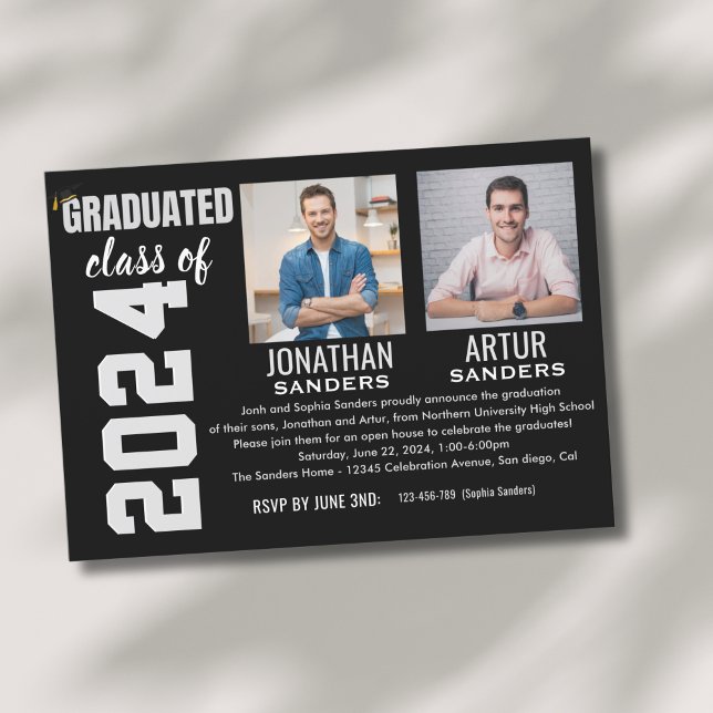 Modern Graduation Party with 2 Photos in Black Inbjudningar (Skapare uppladdad)