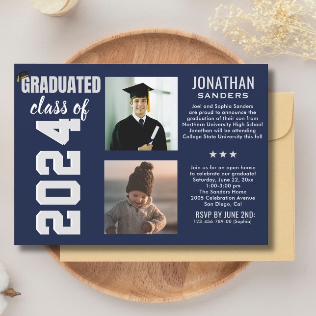 Modern Graduation Party with 2 Photos in Blue Inbjudningar (Skapare uppladdad)