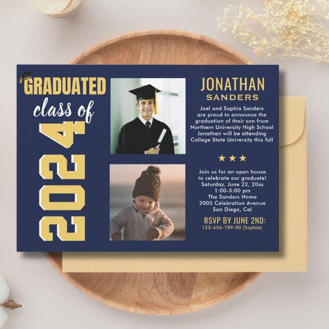 Modern Graduation Party with 2 Photos in Blue Inbjudningar (Skapare uppladdad)