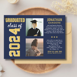 Modern Graduation Party with 2 Photos in Blue Inbjudningar