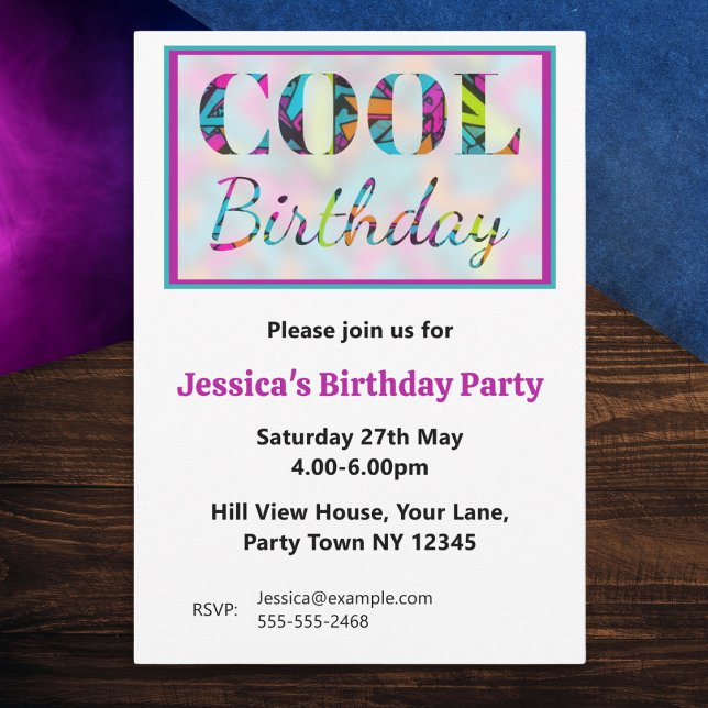 Modern Graffiti Bright Colorful Coola Birthday Inbjudningar (A custom birthday party invitation, with graffiti style background within the words 'cool birthday')