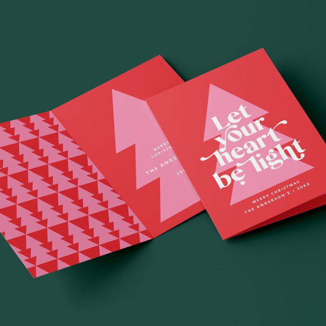 Modern grafisk minimal röd rosa i Julgran Helgkort (Skapare uppladdad)