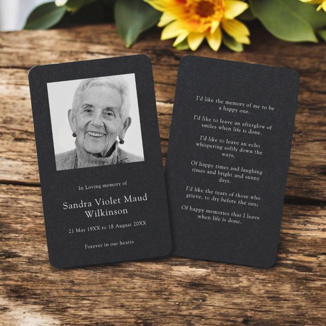 Modern grafisk minimalistisk minnesbönekort visitkort (modern black and white prayer card with a photo template where you can add your loved ones photo )