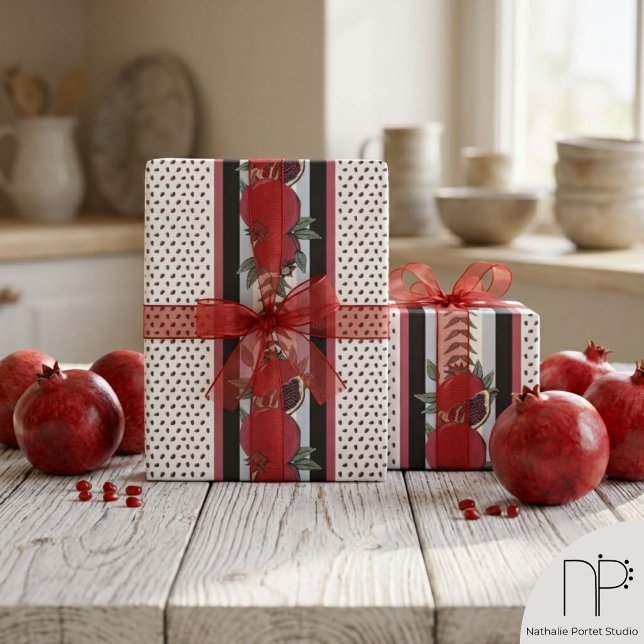 Modern Granatäpplefrö-Rand Presentpapper (Hand drawn pomegranate fruit and seed stripe pattern wrapping paper on neutral background)