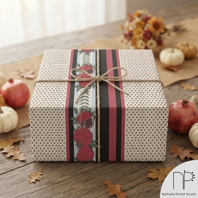 Modern Granatäpplefrö-Rand Presentpapper (Colorful red pomegranate fruit and seeds Fall gift wrap hand-drawn in black ink with thick stripes)