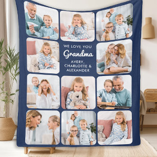 Modern Grandma Navy Blue Anpassningsbar 11 Photo C Fleecefilt