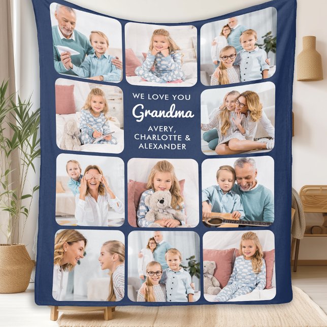 Modern Grandma Navy Blue Anpassningsbar 11 Photo C Fleecefilt (Skapare uppladdad)