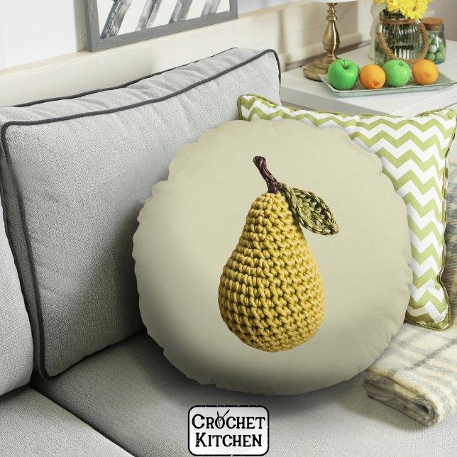 Modern Granny Gult Grönt Crochet Pear Fruit Rund Kudde (Skapare uppladdad)
