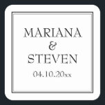 Modern Gräns minimalistisk svart och vit Fyrkantigt Klistermärke<br><div class="desc">Moderna bröllopsklippare för dina favoriter för bröllopsmottagning,  repetitionsmiddag och möhippa i gräns-minimalisttemat Black and White,  barware.</div>