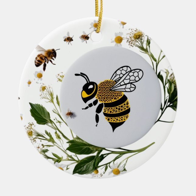 Modern Graphic Bee Botanical Wreath Ceramic Circle Julgransprydnad Keramik (Framsidan)