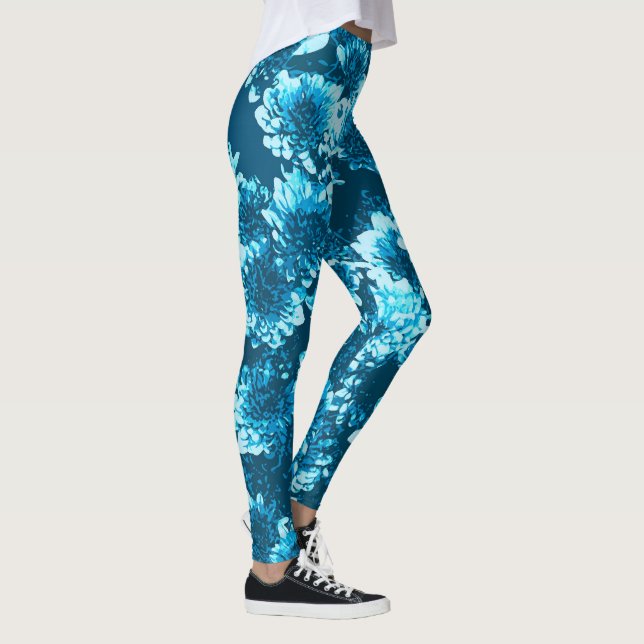 Modern Graphic Dahlia Flowers, Indigo Blue Leggings (Höger)